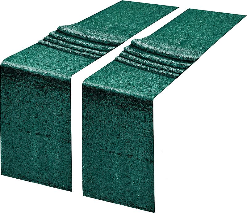 Photo 1 of 2 Packs 12 x 108 inches Hunter Green Sequin Table Runner, Glitter Hunter Green Table Runner for Wedding Birthday Bachelorette Holiday Party Supplies Decorations Bridal Shower Baby Shower 