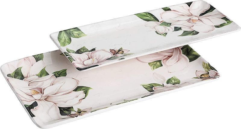 Photo 1 of  Bico Magnolia Floral Ceramic 14 inch Rectangular Serving Platter, Set of 2, for Serving Salad, Pasta, Cheese, Ham, Appetizer, Microwave & Dishwasher Safe
