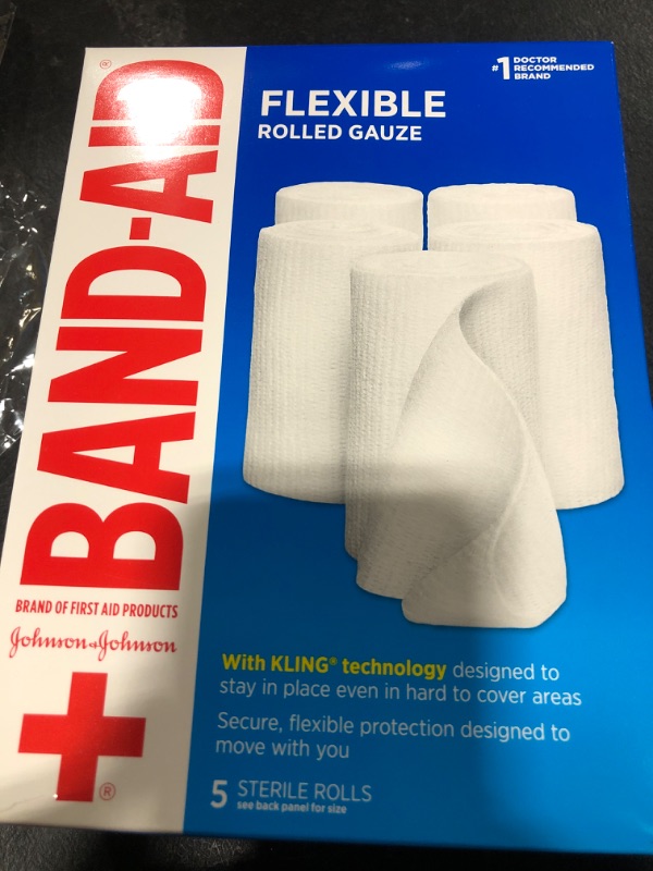 Photo 1 of Band-Aid Brand of First Aid Products Flexible Rolled Gauze Dressing for Minor Wound Care, Soft Padding and Instant Absorption, Sterile Kling Rolls, 4 Inches by 2.1 Yards, Value Pack, 5 ct