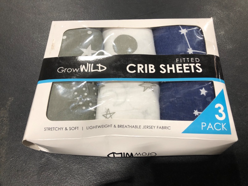 Photo 2 of GROW WILD Crib Sheets for Boys or Girls | 3 Pack Soft Stretchy Jersey Cotton Fitted Crib Sheet Neutral | Grey White Navy Blue Baby Crib Sheets for Girl, Crib Mattress Sheet or Toddler Bed Sheets