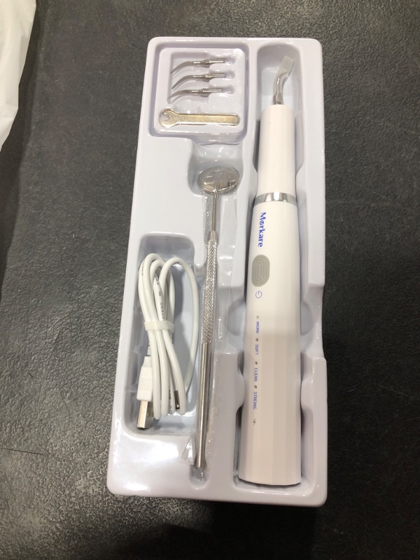 Photo 2 of (WHITE) Teeth Cleaning Kit with LED Light, 3 Replaceable Heads & Oral Mirror, 3 Modes Teeth Cleaner
