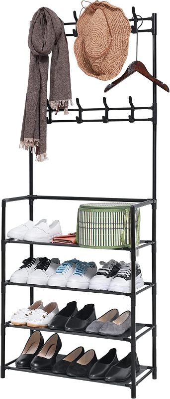 Photo 1 of (WHITE) Quekuin Coat Rack Shoe rack Hall Tree 3 in 1 Designed of Metal Storage Rack with Bag ?Coat? Hat ?Shoe Rack Fits Your Hallway? entryway with 4-Tier Shelf for Storage Shoes ?Clothes(white)
