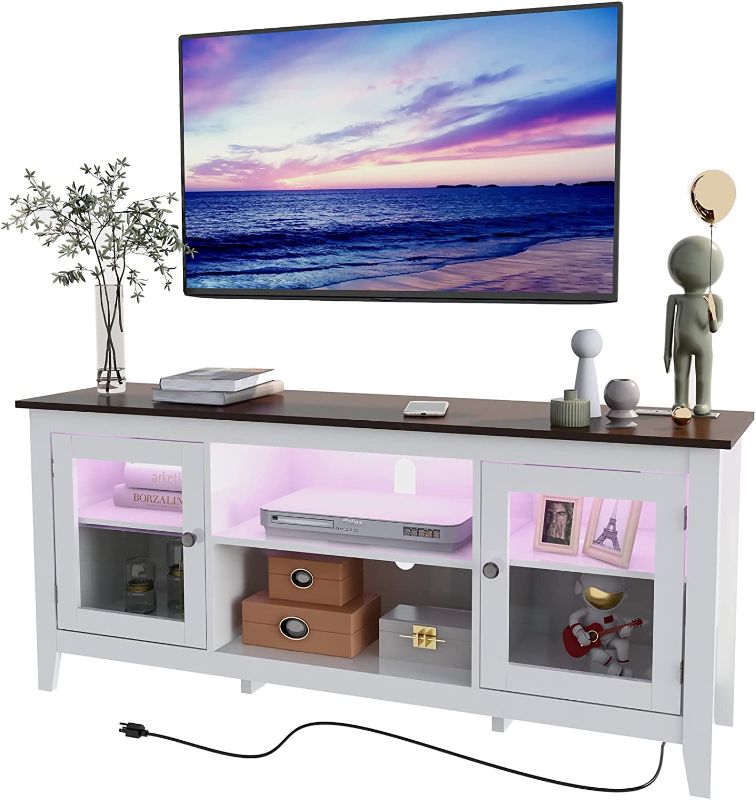 Photo 1 of  LED TV Stand with Charging Station, Modern Entertainment Center for TV up to 60 Inch, Television Media Console Cabinet with LED Lights, USB-C 18W Super Charge Port 