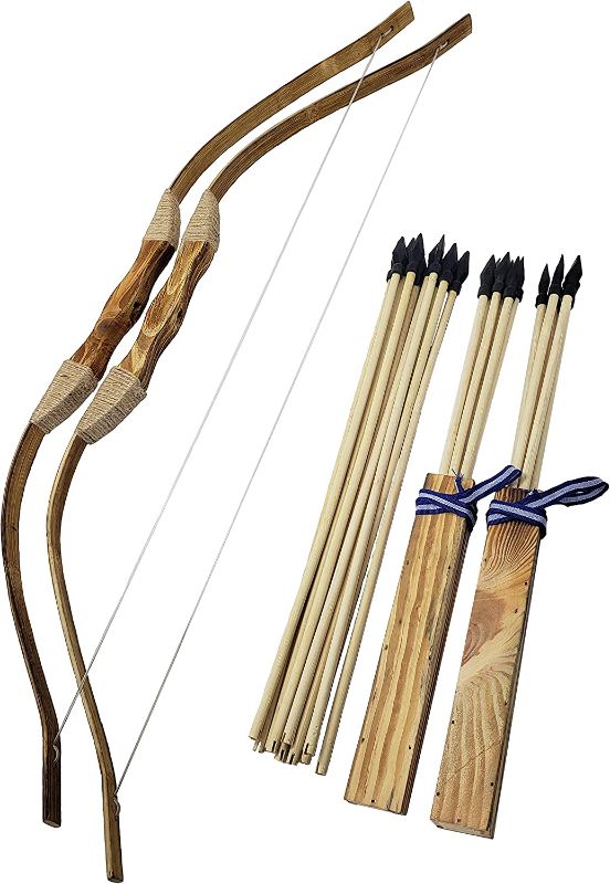 Photo 1 of Adventure Awaits - 2-Pack Handmade Wooden Bow and Arrow Set - 20 Wood Arrows and 2 Quivers - for Outdoor Play