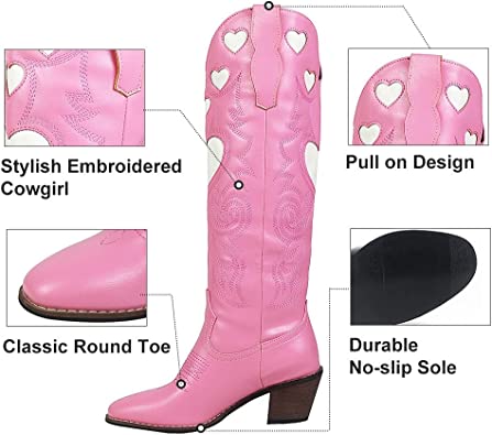 Photo 1 of AOSPHIRAYLIAN Womens Mid Calf Boots Chunky Heel Cute Heart Cowgirl Cowboy Colorful Western Cosplay Party Pink Boots