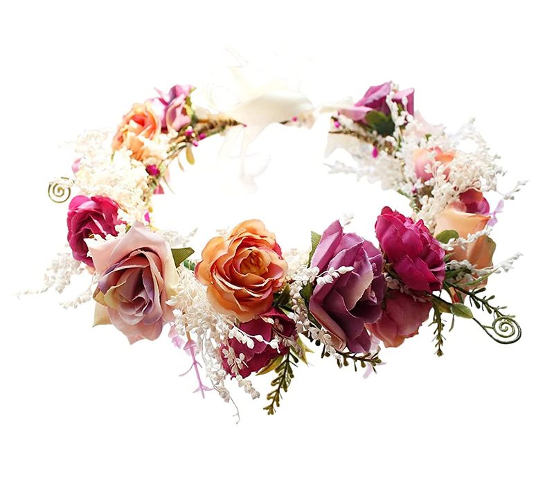 Photo 1 of DDazzling Women Flower Headband Wreath Crown Floral Wedding Garland Wedding Festivals Photo Props (Purple Pink Ivory) 