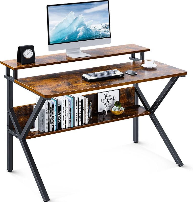 Photo 1 of ODK Small Desk, 39 Inch Small Computer Desk for Small Spaces, Compact Desk with Storage, Tiny Desk Study Desk with Monitor Stand for Home Office, Rustic Brown 