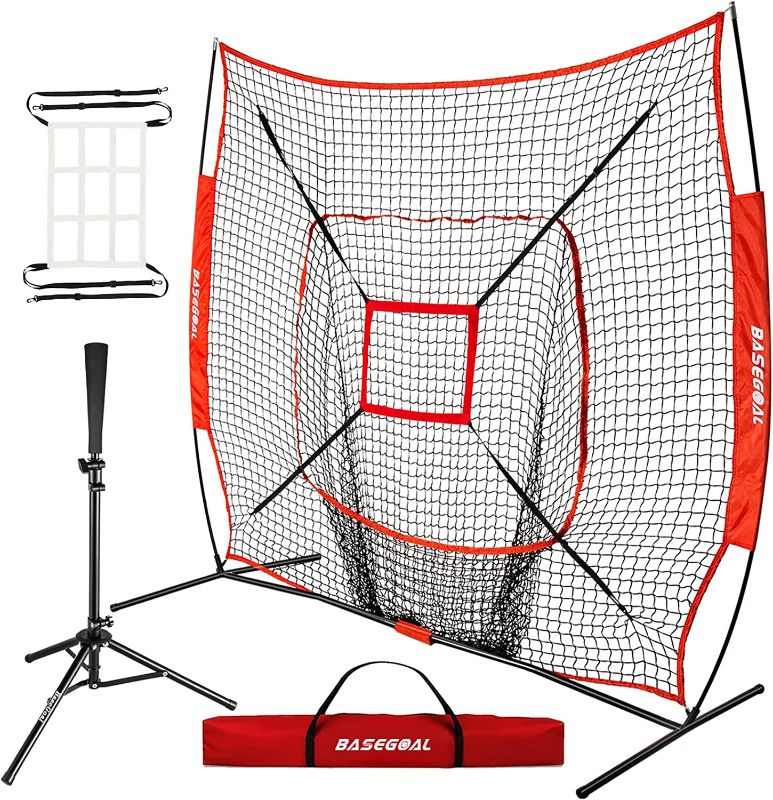 Photo 1 of BaseGoal 7'×7' Baseball Softball Practice Net,Baseball Backstop,with Batting Tee,for Hitting Pitching Batting Catching with Bow Frame,Bonus Strike Zone 