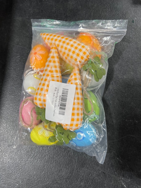 Photo 2 of 15 PCS Easter Egg Ornaments and Carrot Hanging Ornaments,12 Pieces Plastic Easter Eggs with Ribbon 3 Pieces Plaid Carrots for Easter Party Favors