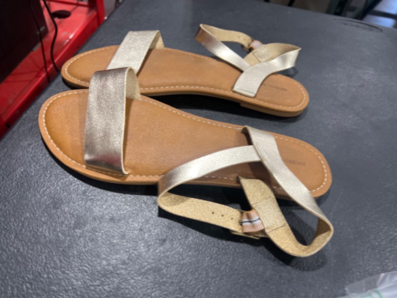 Photo 3 of Amazon Essentials Women's Two Strap Buckle Sandals SIZE 10 Gold