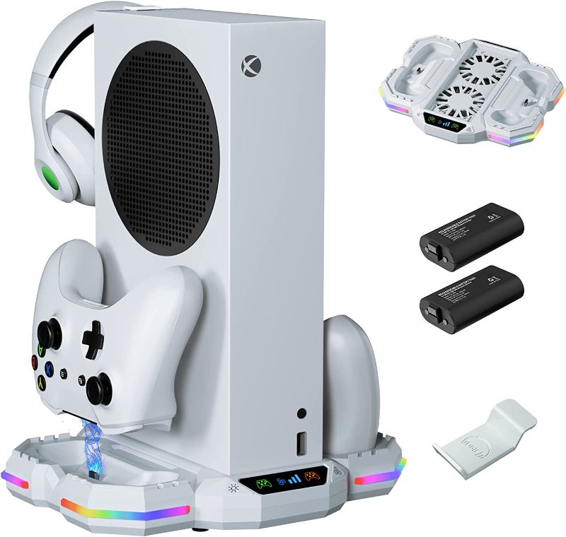 Photo 1 of Cooling Stand with Controller Charging Station for Xbox Series S, ZAONOOL Dual Charger Dock & Cooling Fan for Console Accessories with 13 RGB Lights, 2*Rechargeable Battery, Headset Hook & USB3.1 Port
