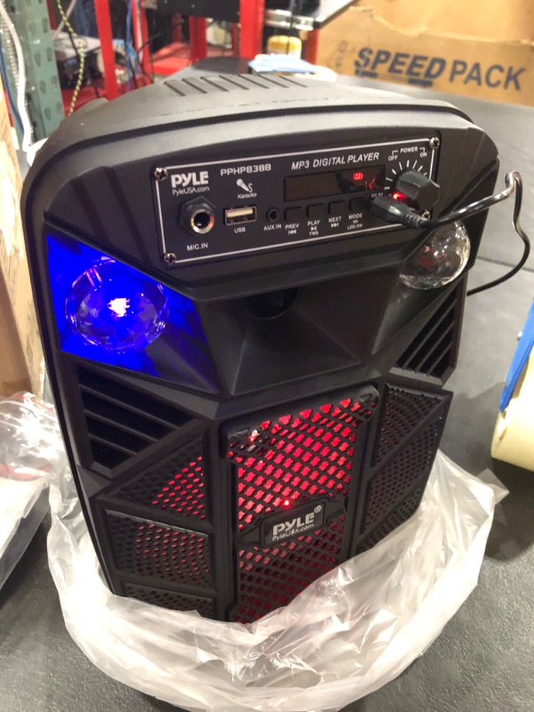 Photo 2 of Portable Bluetooth PA Speaker System - 300W Rechargeable Outdoor Bluetooth Speaker Portable PA System w/ 8” Subwoofer 1” Tweeter, Microphone in, MP3/USB, Radio, Remote - Pyle PPHP838B, Black