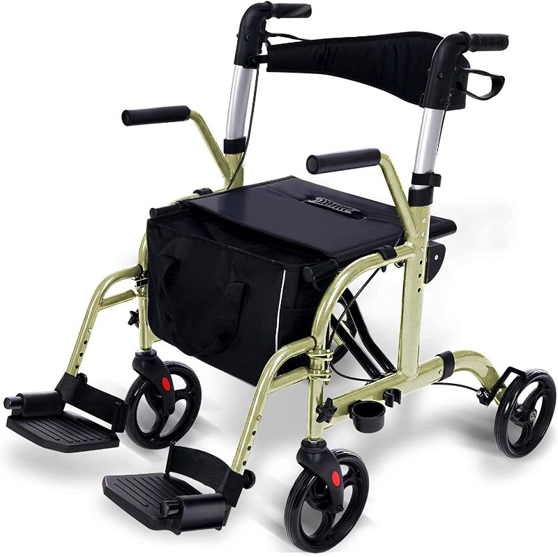 Photo 1 of 2 in 1 Rollator Walkers for Seniors with Padded Seat- Medical Transport Chair Walker with Adjustable Handle and Reversible Backrest (Champagne)