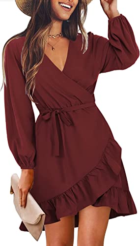 Photo 1 of Amoretu Womens Short/Long Sleeve Dress Wrap V Neck Ruffle Hem Mini Summer Fall Dresses - medium 
