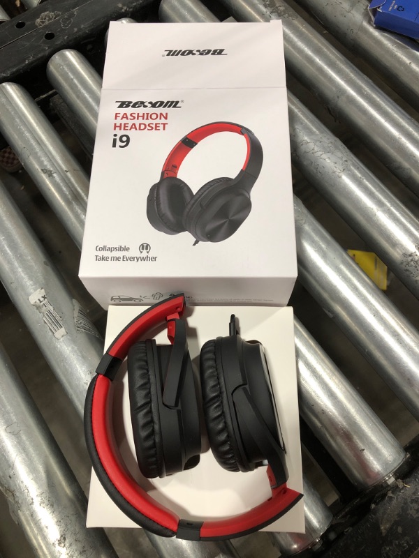Photo 1 of Besom On-Ear Headphones with Microphone Lightweight Folding Stereo Headset Tangle Free Cord, Wired Headphones for Cellphones Smartphone Tablet Laptop Computer MP3/4 (Red)
