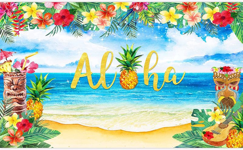 Photo 1 of 60x36inch Aloha Backdrop Luau Hawaiian Party Decorations Tropical Beach Leis Photo Booth Summer Birthday Banner Supplies Tiki Themed Photography Background for Adults Couple Kids3
