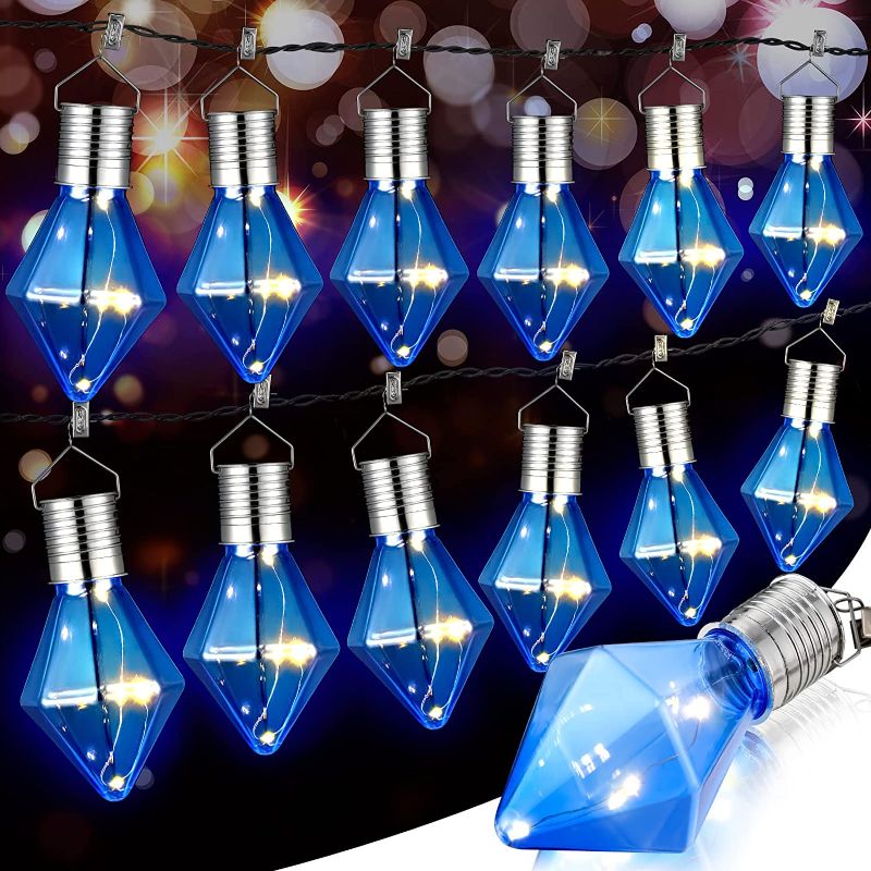 Photo 1 of 12 Pieces Outdoor Hanging Solar Lights, Diamond Solar Light Bulbs with Clip Garden Waterproof Camping LED Light Tree Solar Power Lights with Hook for Garden Yard Fence Decorations (Blue Bulb)
