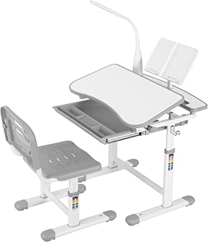 Photo 1 of AOOU Kids Desk and Chair Set, Height Adjustable Multifunctional Writing Table with Steel Bookstand, Hook, Pull-Out Drawer, 360° Rotation 3 Brightness, Tiltable Desktop, for Study
