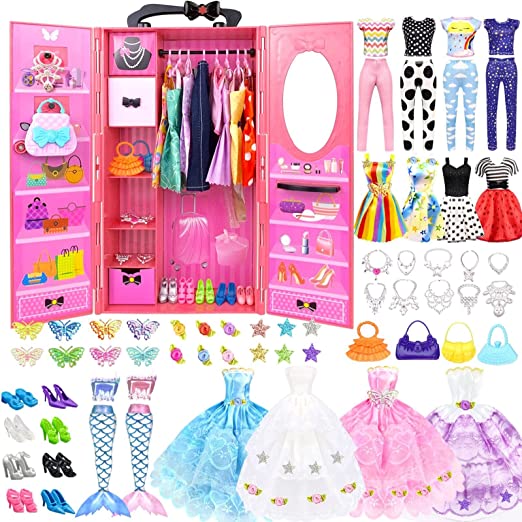 Photo 1 of 84 Pack Doll Clothes and Accessories with Doll Closet for 11.5 Inch Doll Fashion Design Kit Girl Doll Dress Up Including Wedding Dress Fashion Dress Outfits Tops and Pants Shoes Hangers Bags Necklaces
