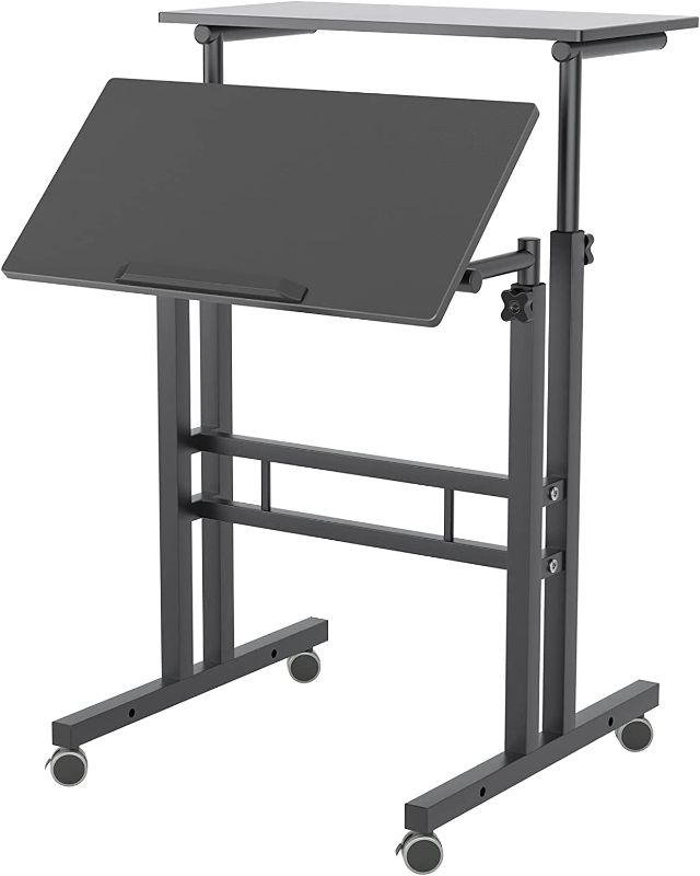 Photo 1 of sogesfurniture Mobile Standing Desk Laptop Workstation on Wheels, Adjustable Computer Desk for Standing or Sitting, Black 101-BK