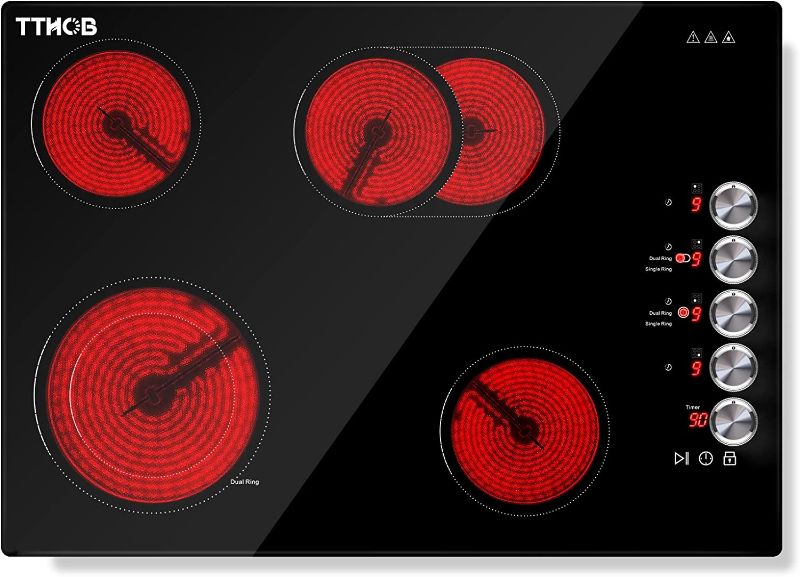 Photo 1 of TTHOB Electric Cooktop 30 Inch, 4 Burners Built-in Radiant Electric Stove Top 220-240V 7700W, 9 Heating Level, Timer, Child Lock, Residual Heat Indicator, Pause Key, Knob Kontrol, Hard Wired, No Plug