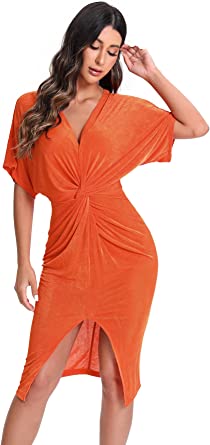 Photo 1 of Floerns Women's Short Sleeve V Neck Twist Front Split Midi Dress M