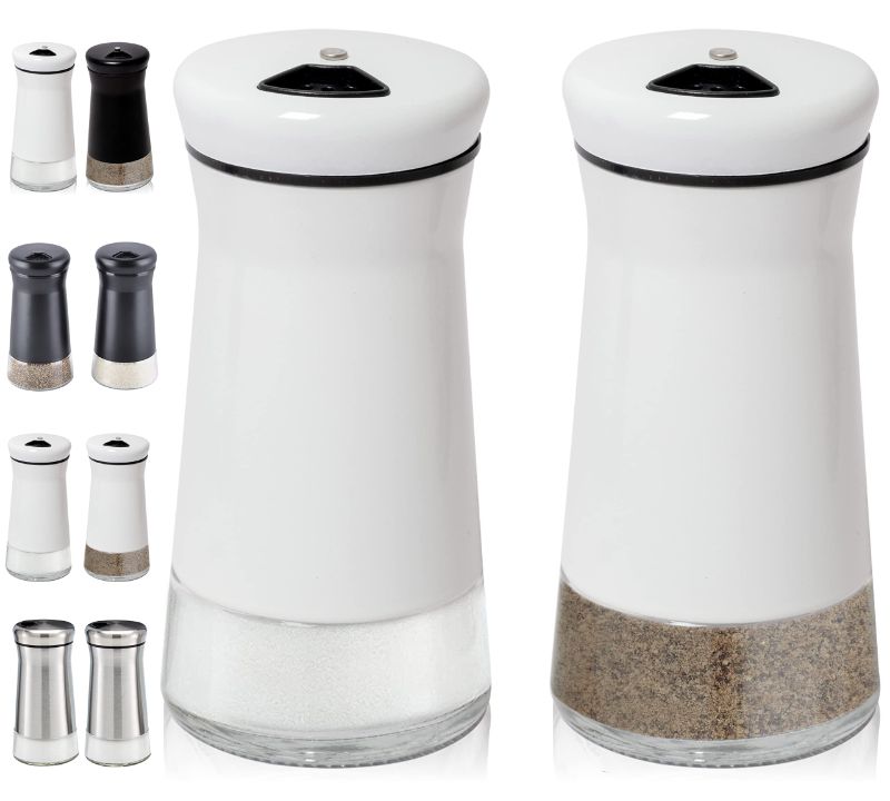 Photo 1 of HOME EC Original Glass Salt and Pepper Shakers Set with Adjustable Pour Holes - Stainless Steel Salt Shaker and Pepper Shaker - Farmhouse Salt and Pepper Shaker Set for salts and spices 2pk White