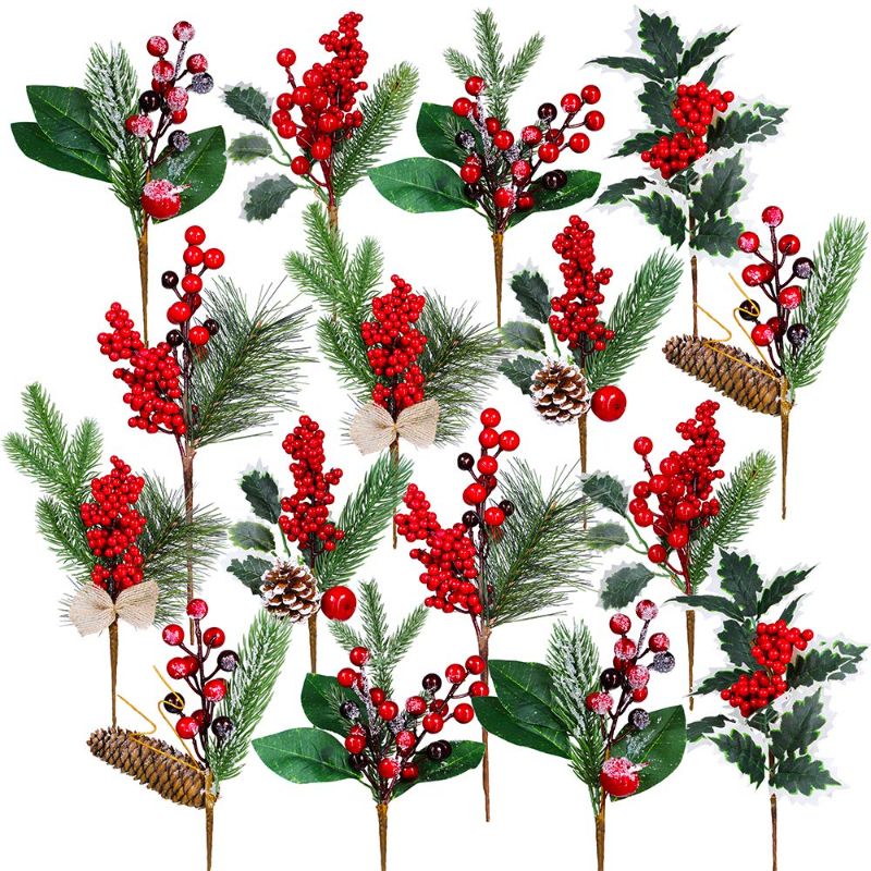Photo 1 of 16 Pack Artificial Christmas Picks Assorted Red Berry Picks Stems Faux Pine Picks Spray with Pinecones Apples Holly Leaves for Christmas Floral Arrangement Wreath Winter Holiday Season Décor
