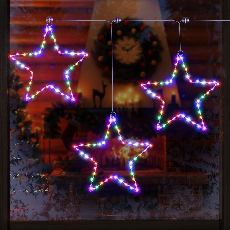 Photo 1 of 3 Stars LED Window String Lights, Multi Color Christmas Curtain Lights, Plug in Fairy Lights with 8 Lighting Modes Remote Controls for Xmas New Year Holiday Party Home Indoor Decoration Colorful Light