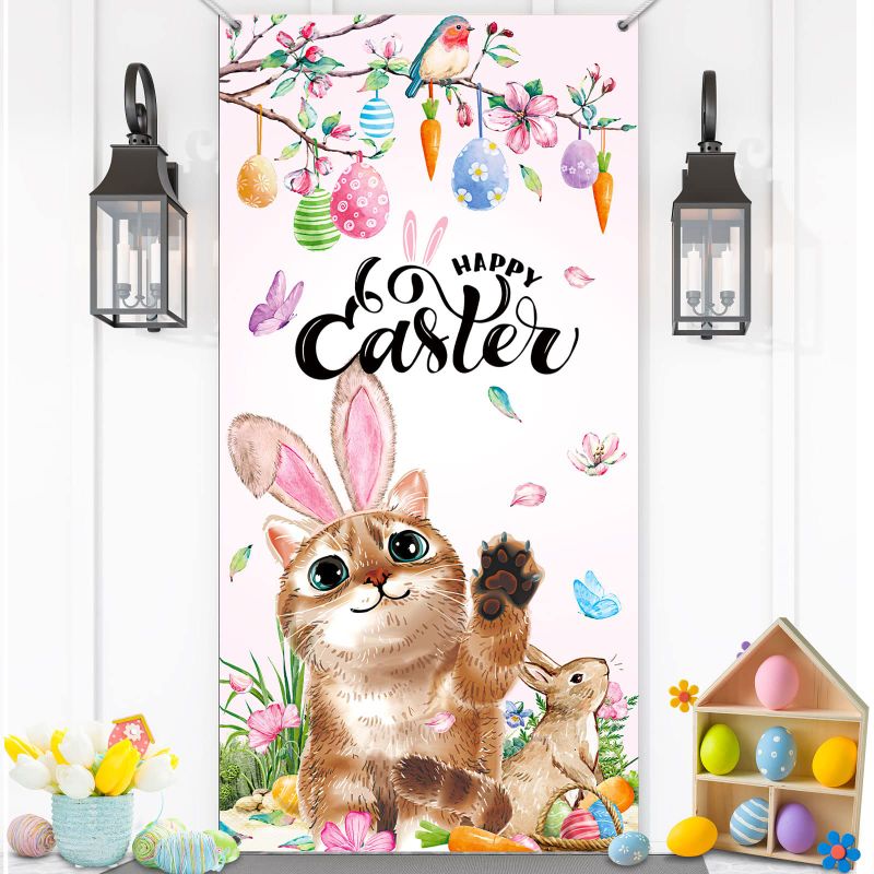 Photo 1 of Happy Easter Door Cover Cute Bunny Cat Door Decoration Cat with Rabbit Ear Door Banners Egg Tree Hanging Banner Outdoor Easter Party Backdrop for House Door Spring Welcome Outside Yard Decor Happy Style