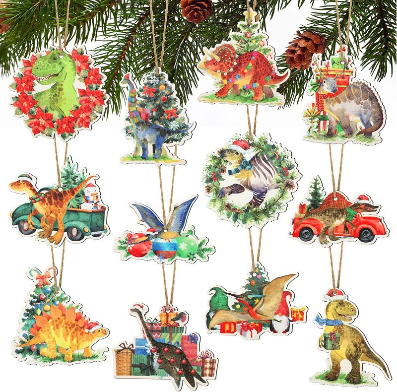 Photo 1 of 36 Pieces Dinosaur Wooden Hanging Ornaments Christmas Dino Ornament Set, Wood Hanging Decor for Christmas Tree Decoration Christmas Ornament, Dinosaur Christmas Hanging Ornaments Party Supplies