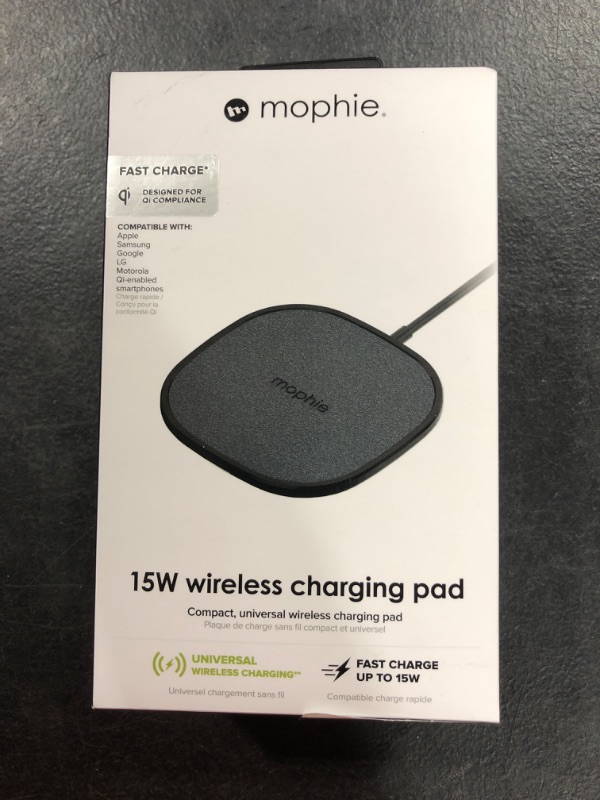 Photo 2 of mophie Wireless 15W Charging Pad - Fast Charge -Made for Qi Enabled Devices - Samsung, Apple iPhone 12 Pro / 12/11 / Xr, iPhone 12 Pro Max / 11 Pro Max/XS Max, iPhone 12 Mini, iPhone Xs - Black 