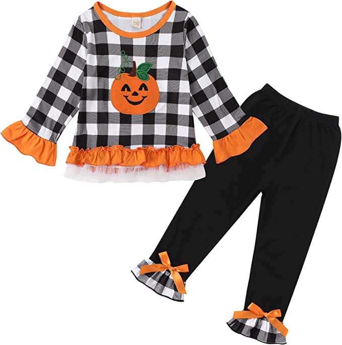 Photo 1 of Benylion Toddler Baby Girls Clothes Halloween Pumpkin Outfit Long Sleeve Pullover Top + Flared Pants 2PCS Outfits 1-6 Years 