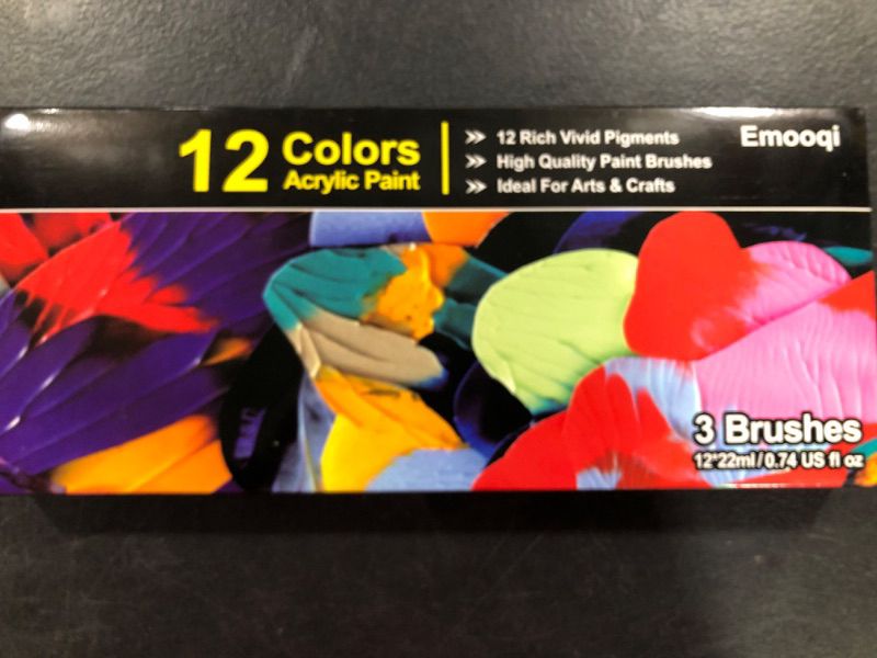 Photo 2 of Acrylic Paint Set, Emooqi 12 × 22 ml (0.74 oz) Premium Colors, 3 Brushes, Rich Pigments, Non Fading Paints for Artist and Hobby Painters, Ideal for Fabric, Canvas Painting, Christmas Decoration.