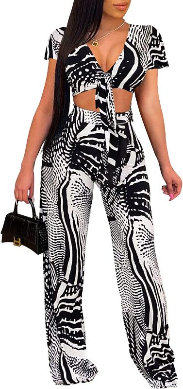 Photo 1 of ZERMOM Women's Size L Sexy Summer 2 Piece Outfits Tie Up Crop Top Short Sleeve Wide Leg Pants Sets 