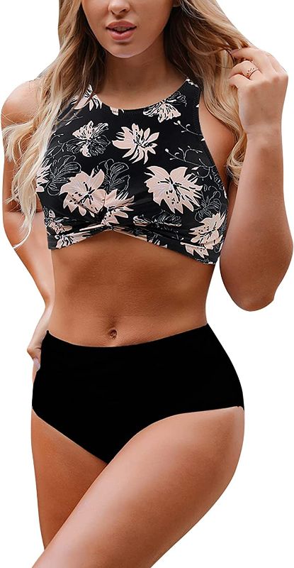 Photo 1 of Blooming Jelly Women's L High Waisted Bikini Twist Two Piece Swimsuit High Neck Knotted Leaf Print Bathing Suit