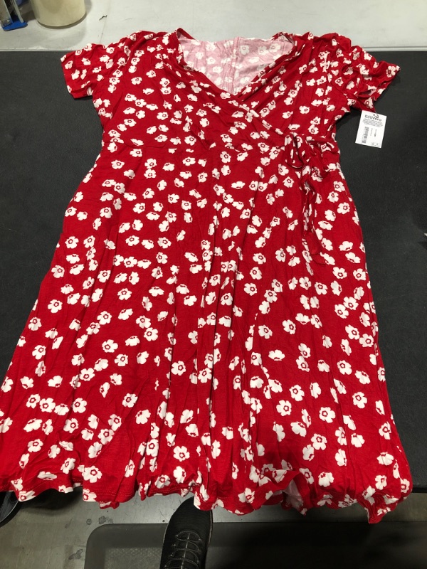 Photo 1 of Amazon Essentials Women's Cap-Sleeve Faux-Wrap Dress Sustainably Sourced Rayon Blend Red, Tossed Leaf/Poppy Large