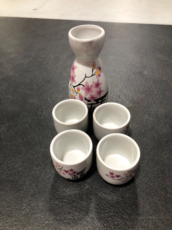 Photo 2 of Abuff Japanese Sake Set, 1 Tokkuri Bottle & 4 Ochoko Cups, Spring Blossoms Ceramic Sake Set- Microwave and Dishwasher Safe Pink