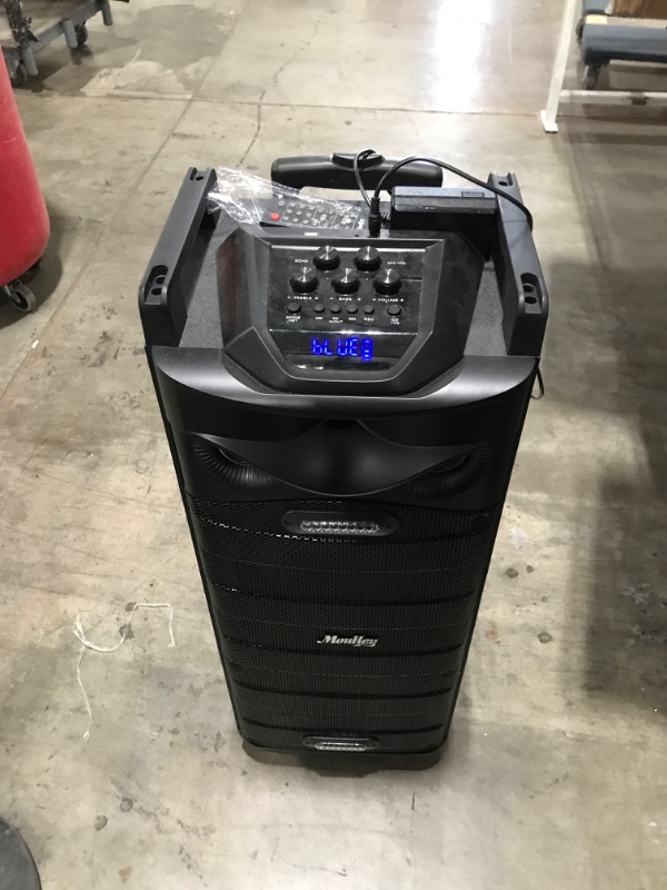 Photo 1 of Moukey Karaoke Machine, PA System Double Woofer for Party, Portable Bluetooth Speaker w/ 2 Wireless Microphone, Disco Lights and Echo/Treble/Bass Adjustment, Support TWS/REC/AUX/MP3/USB/TF/FM
