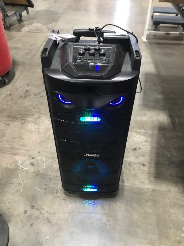 Photo 1 of Moukey Karaoke Machine, PA System Double Woofer for Party, Portable Bluetooth Speaker w/ 2 Wireless Microphone, Disco Lights and Echo/Treble/Bass Adjustment, Support TWS/REC/AUX/MP3/USB/TF/FM
