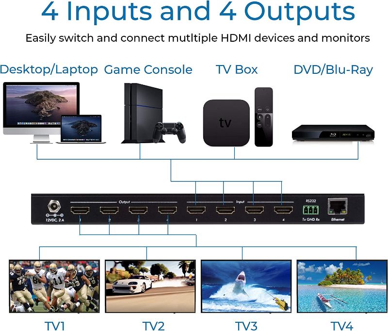 Photo 1 of 4x4 HDMI 2.0 4K 60hz Matrix Switcher | IR Remote | Supports 4K@60Hz | 4:4:4 | HDR | 4 in 4 Out | No Driver | Control with IR Remote | RS232 | TCP/IP & Push Button | Switcher and Splitter