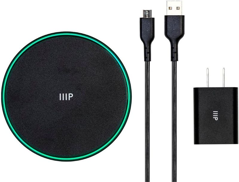 Photo 1 of  Monoprice Wireless Charger, Qi-Certified 15W Fast Charging Pad with QC3.0 AC Adapter for iPhone 12/12 Pro/11/11 Pro/XR/XS/X/8/8+/Airpods, Galaxy S21/S20/Note 10/Note 10+/S10/S10+/S9/S8 