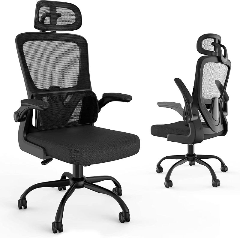 Photo 1 of Laziiey Home Office Desk Chairs Ergonomic Chair with Lumbar Support Flip Up Arms Mesh Computer Chair with Comfortable Wide Seat Adjustable Headrest (Black)
