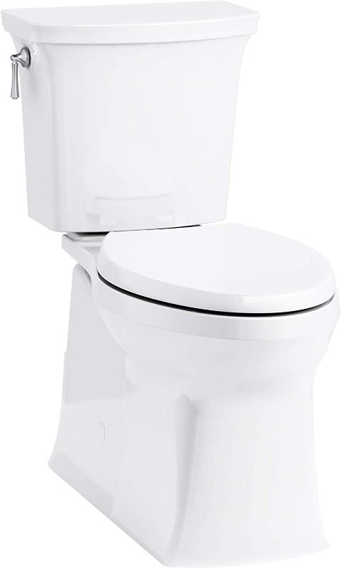 Photo 1 of KOHLER 3814-0 Corbelle Comfort Height(R) elongated 1.28 gpf toilet with skirted trapway and Revolution 360 swirl flushing technology and left-hand trip lever (2 Piece), White
