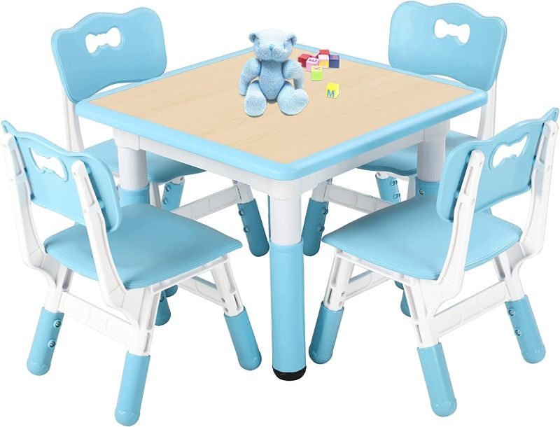 Photo 1 of FUNLIO Kids Table and 4 Chairs Set, Height Adjustable Toddler Table and Chair Set for Ages 3-8, Easy to Wipe Arts & Crafts Table, for Classrooms/Daycares/Homes, CPC & CE Approved (5-Piece Set) - Blue
