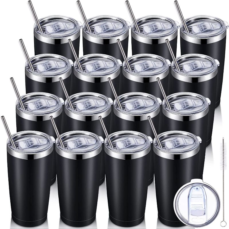 Photo 1 of 16 Pack Insulated Travel Tumblers 20 Oz Stainless Steel Tumbler Cup with Lid and Straw Powder Coated Coffee Mug for Cold and Hot Drinks (Black)
