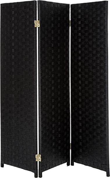 Photo 1 of 4 ft. Short Woven Fiber Folding Screen - Black - 3 Panel