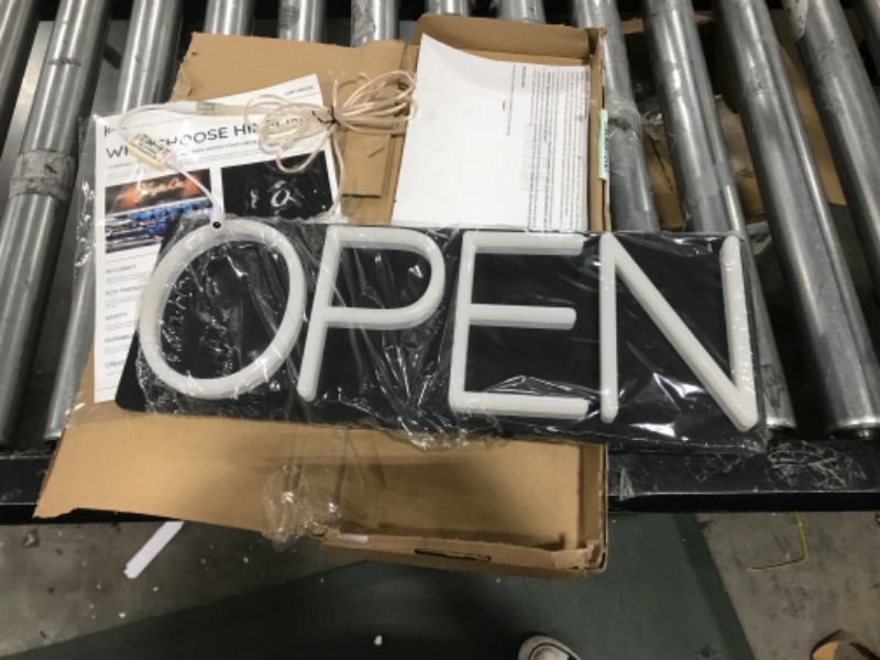 Photo 2 of HiNeon Neon Open Sign 20inx7in LED Open Sign w/Remote Controller, Electric Light Up Open Sign for Business Store, w/Hanging Chain for Shop Windows, Direct Plug-In w/ 12V Power Adapter, White