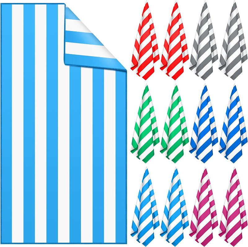 Photo 1 of 12 Pieces Microfiber Beach Towel Set Striped Beach Towel Bulk 63 x 31 Inch Quick Dry Beach Towel Colorful Soft Bath Towel for Adults Kids Travel Beach Pool Bath Swimming Supplies, 6 Colors
