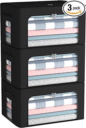 Photo 1 of 3Pack Frame Storage Box - Clothes Storage Bin Bags Oxford Fabric Foldable Stackable Container Organizer Set with Clear Window & Carry Handles Large Capacity for Bedding, Blankets, Toys, Books (Black, Small-22L) 